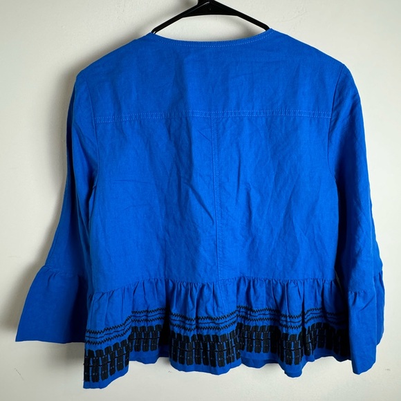 Ann Taylor Boho Embroidered Linen Blend Cobalt Blue Peplum Top S - Picture 7 of 11